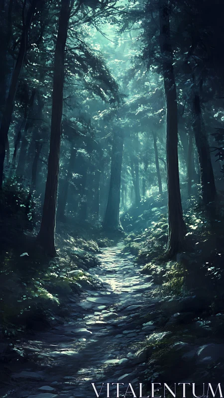 Forest path with stream under dense canopy, sunlit clearing.