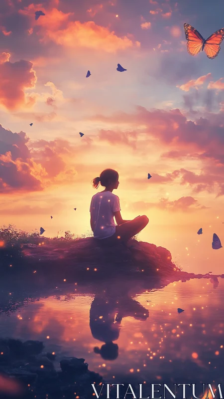 Solitary girl meditates by glowing lake under dreamy sunset