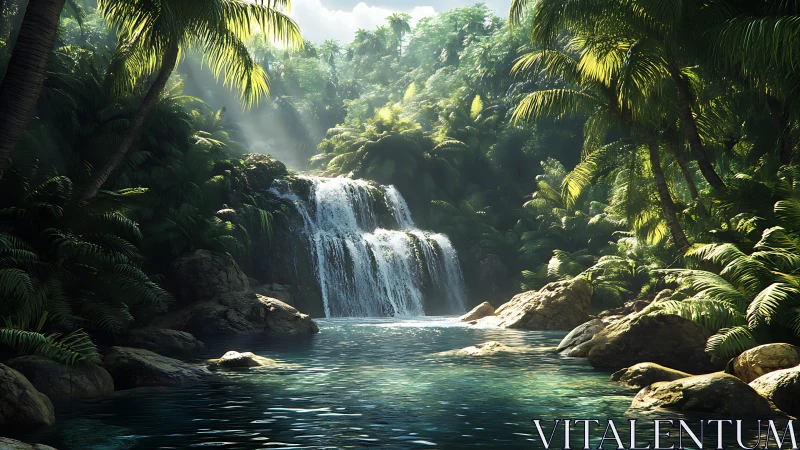 Sunlit jungle waterfall hums over a glassy turquoise pool