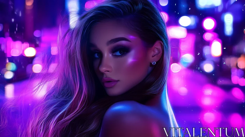 Digital portrait depicts woman in neon lit urban environment