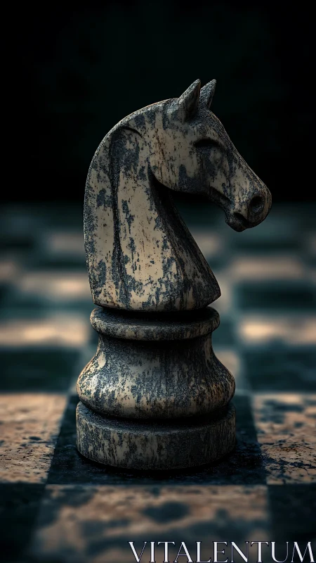 Weathered wooden chess knight with dramatic shallow focus