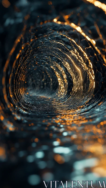 Abstract metallic tunnel with orange light reflections viewed inward.