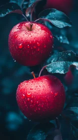 Macro study of dewy red apples with shallow depth of field lighting
