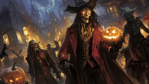Skeletal Halloween figures roam fiery gothic street at night.