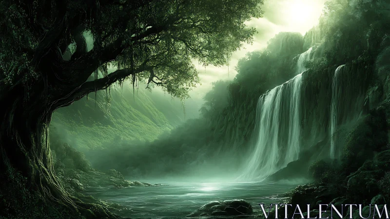 Waterfall in forested gorge with atmospheric mist.