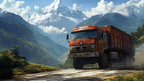 Rusty mountain truck rolling beneath bright snowy peaks.