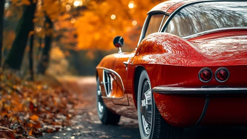 Photorealistic rear view of classic red coupe on autumn road.