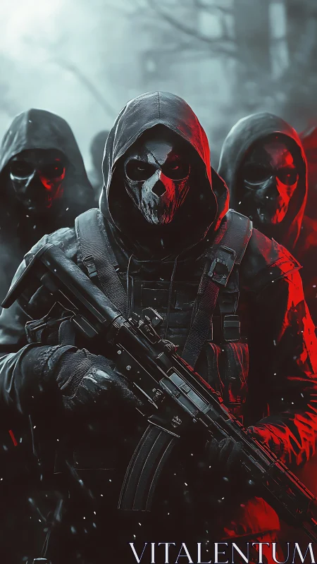 Masked tactical squad advances through eerie red-lit fog