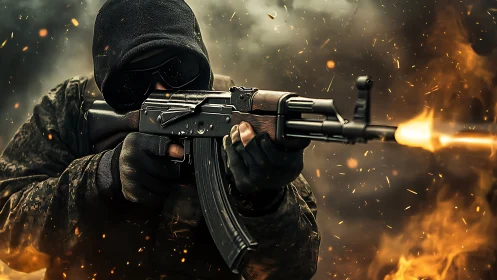 Hooded combatant firing assault rifle amid blazing chaos.