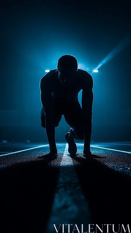 Midnight sprinter poised in electric blue anticipation.