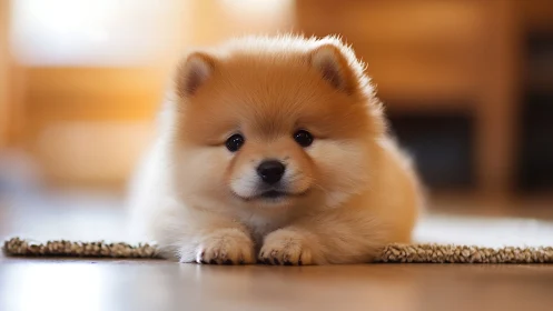 Cozy pomeranian puppy resting on a sunlit living room floor.