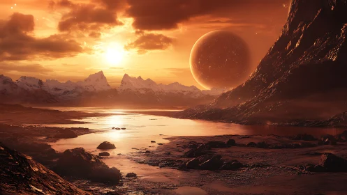Alien sunset over molten shoreline and distant twin worlds.