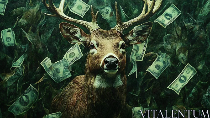 Curious deer stands calmly among swirling falling dollars