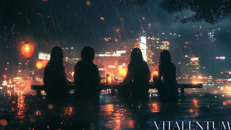 Rain-soaked skyline circle sharing lantern-lit secrets.