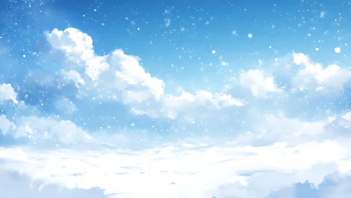 Snowy sky shows drifting clouds and scattered snowflakes