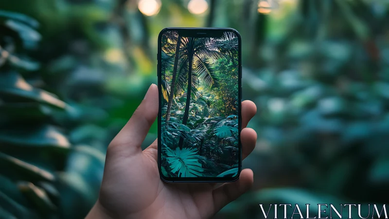 Optical depth-of-field study with phone-framed jungle scene.