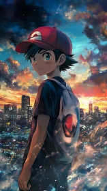 Anime boy with cap over city skyline at sunset.