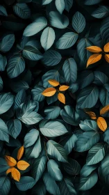 Teal foliage background with scattered golden leaves pattern.