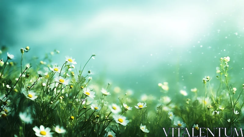 Spring Meadow with White Daisies in Soft Focus Gradient