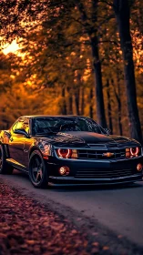 Black Chevrolet Camaro on forest road at sunset light.