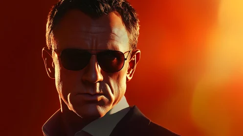 Smoldering agent portrait under cinematic orange glow.