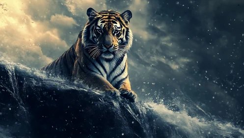 Stormlit tiger on wave-lashed rock with high-contrast lighting