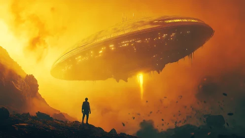 Solitary observer beneath colossal descending alien mothership