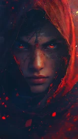 Enigmatic red‑hooded figure rendered in dramatic digital chiaroscuro