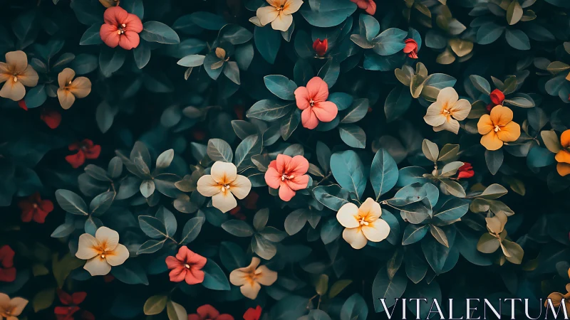 Coral Blooms Against Teal Foliage in Garden Arrangement.