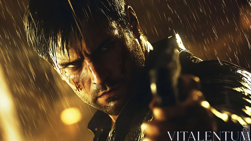 Gun-wielding man in rain, cinematic close-up lighting focus.