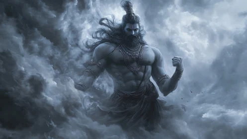 Storm-forged sky titan strides through swirling divine clouds.