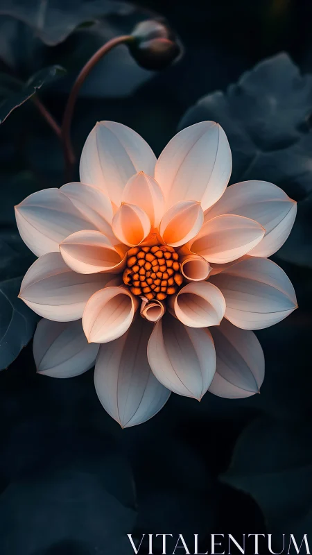 Luminescent Dahlia with Vibrant Orange Center Against Dark Foliage.