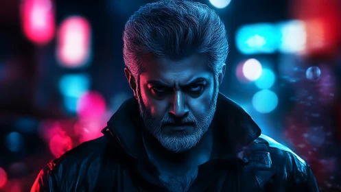 Middle-aged man stares intensely under neon city lights