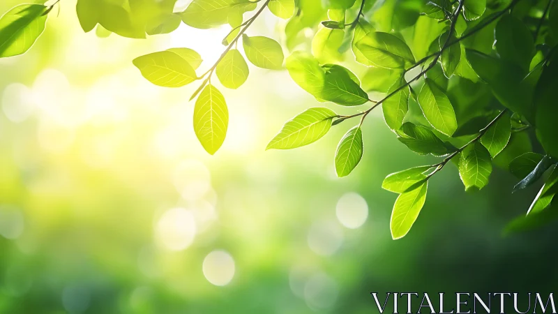 Sunlit Green Leaves with Soft Bokeh, Nature Photography Style.