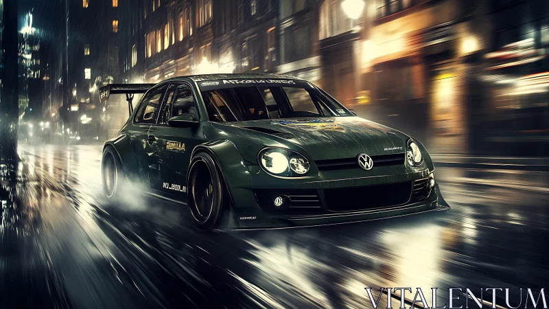Modified Volkswagen race car speeds through wet city street.