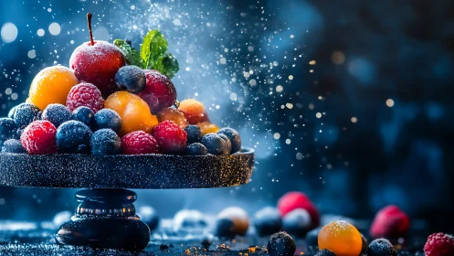 Mixed fresh berries and stone fruits on dark pedestal platter.