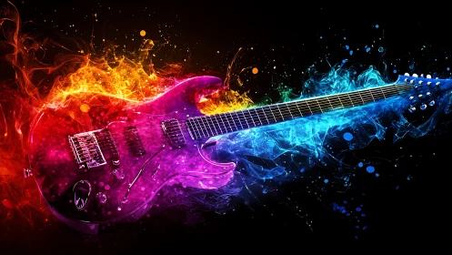 Electric guitar igniting vibrant fire and liquid light spectrum.