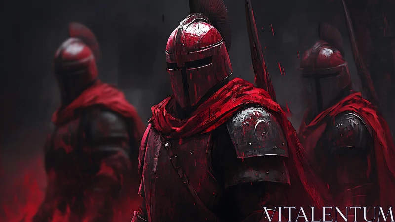 Armored red-cloaked knights emerge from smoke in high-contrast digital painting