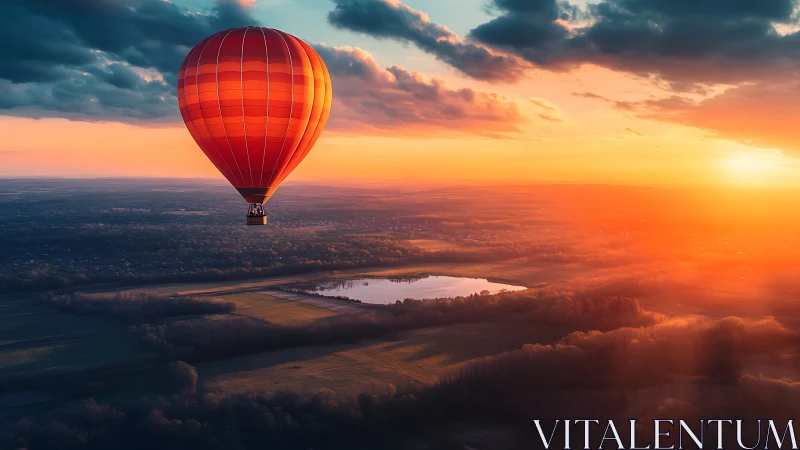 Hot air balloon over rural fields at vivid sunset sky.