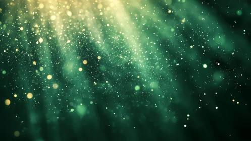 Abstract green and gold bokeh light rays with floating particles.
