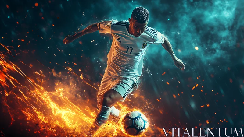 Blazing soccer star drives the ball through fire and sparks