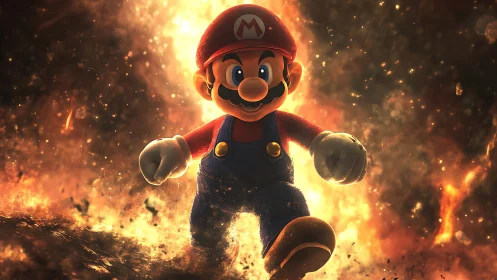 Mario Hero Rising Through Explosive Fire and Energy