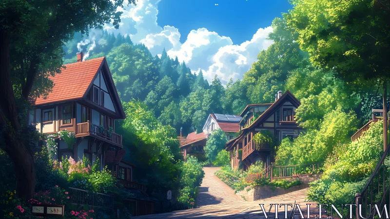 Sunlit hillside cottages line a lush forest lane.