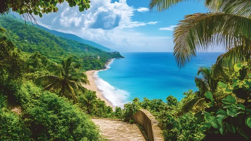 Tropical Coastline with Verdant Cliffs Meeting Azure Ocean.