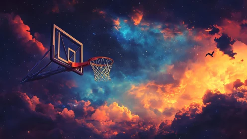 Celestial basketball hoop suspended in luminous nebular sky.