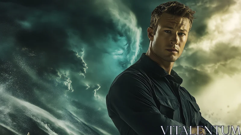 Photorealistic storm portrait with heroic central figure composition.