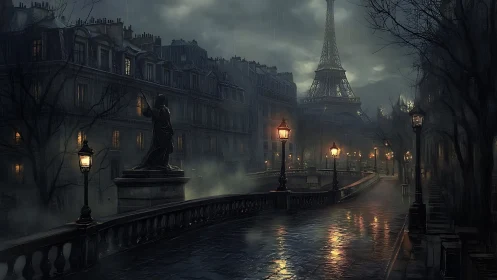 Midnight rain haunts a misty Paris promenade of echoes.