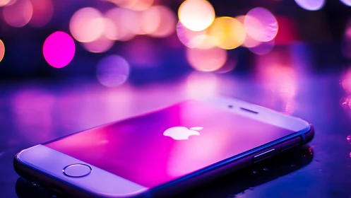 Smartphone closeup under vibrant neon bokeh lights.