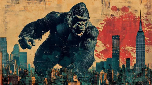 Colossal gorilla looms over stylized grunge city skyline.