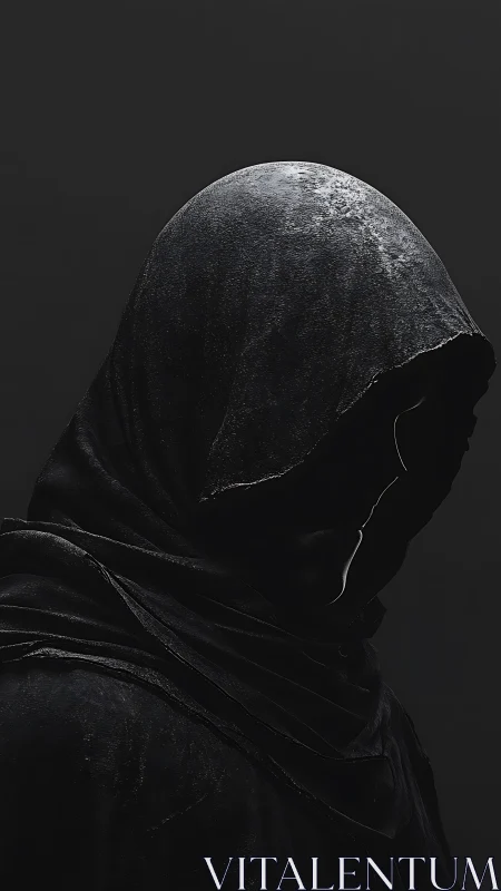 Hooded shadowed figure emerges from textured darkness.